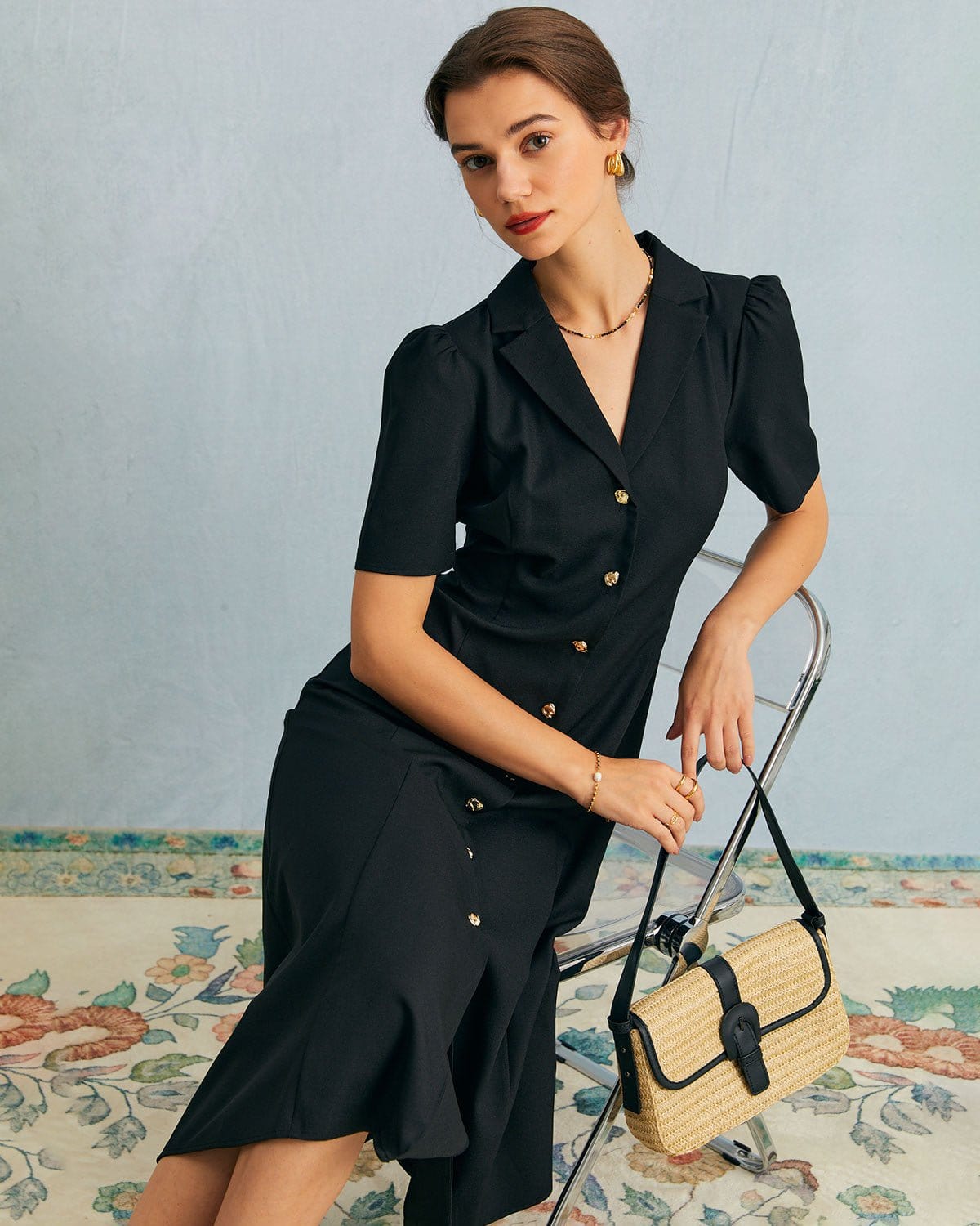 The Black V Neck Button Puff Sleeve Midi Dress Black V Neck Button Midi Dress With Sleeves Black Dresses RIHOAS