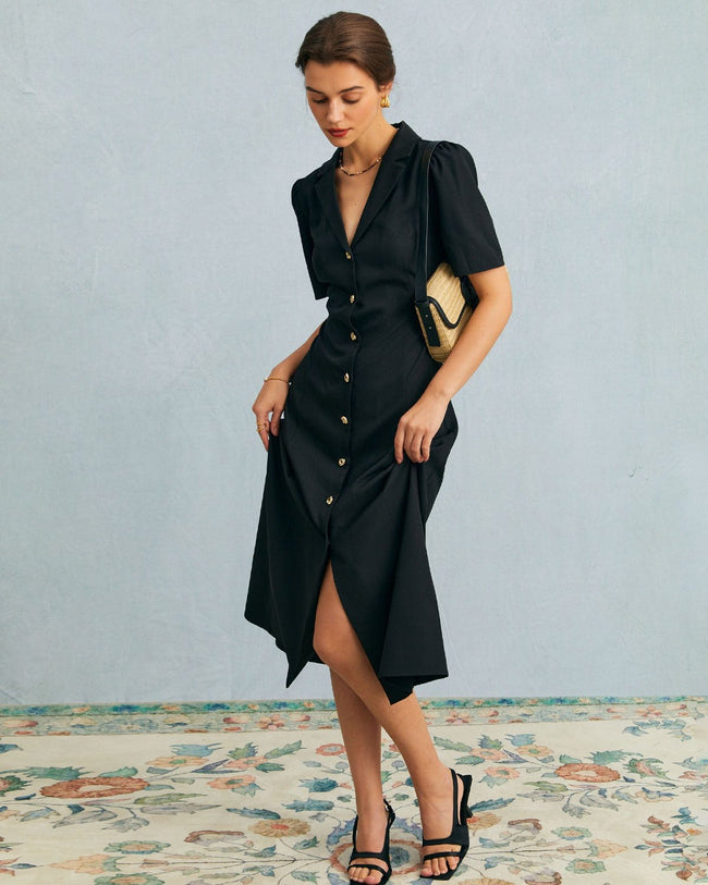 The Black V Neck Button Puff Sleeve Midi Dress Black V Neck
