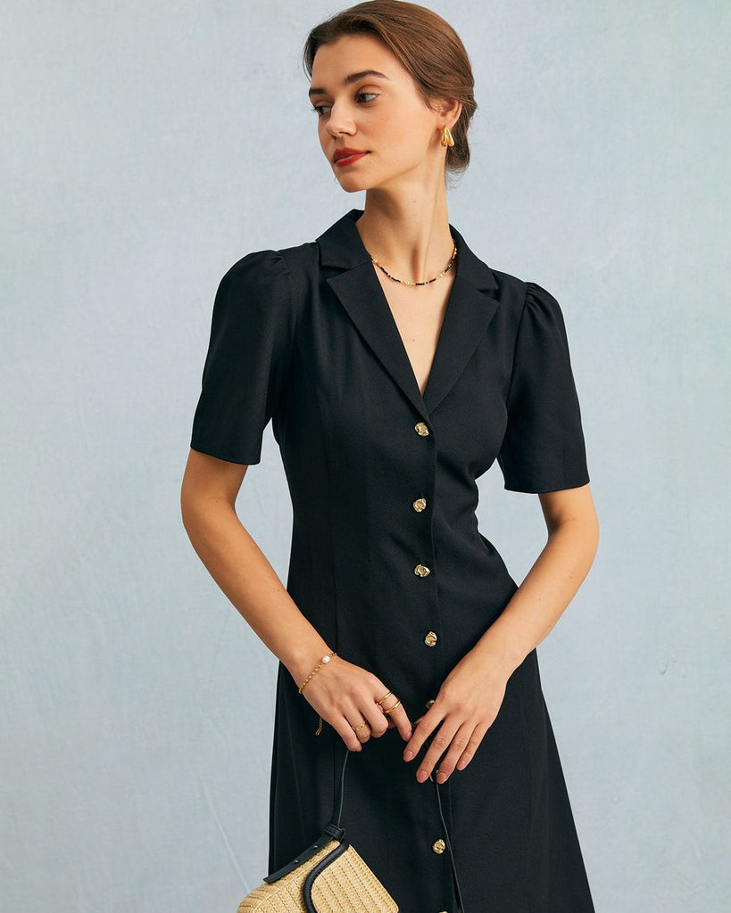 The Black V-Neck Button Up Midi Dress Dresses - RIHOAS
