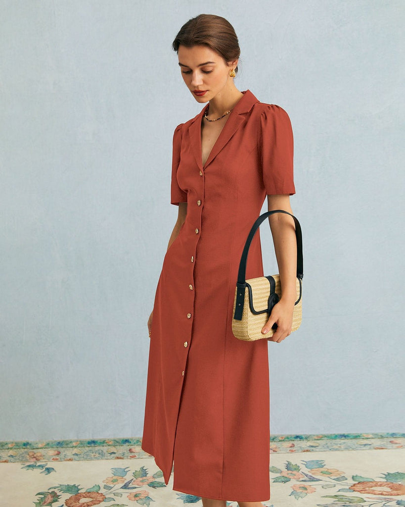 The Black V-Neck Button Up Midi Dress Dresses - RIHOAS