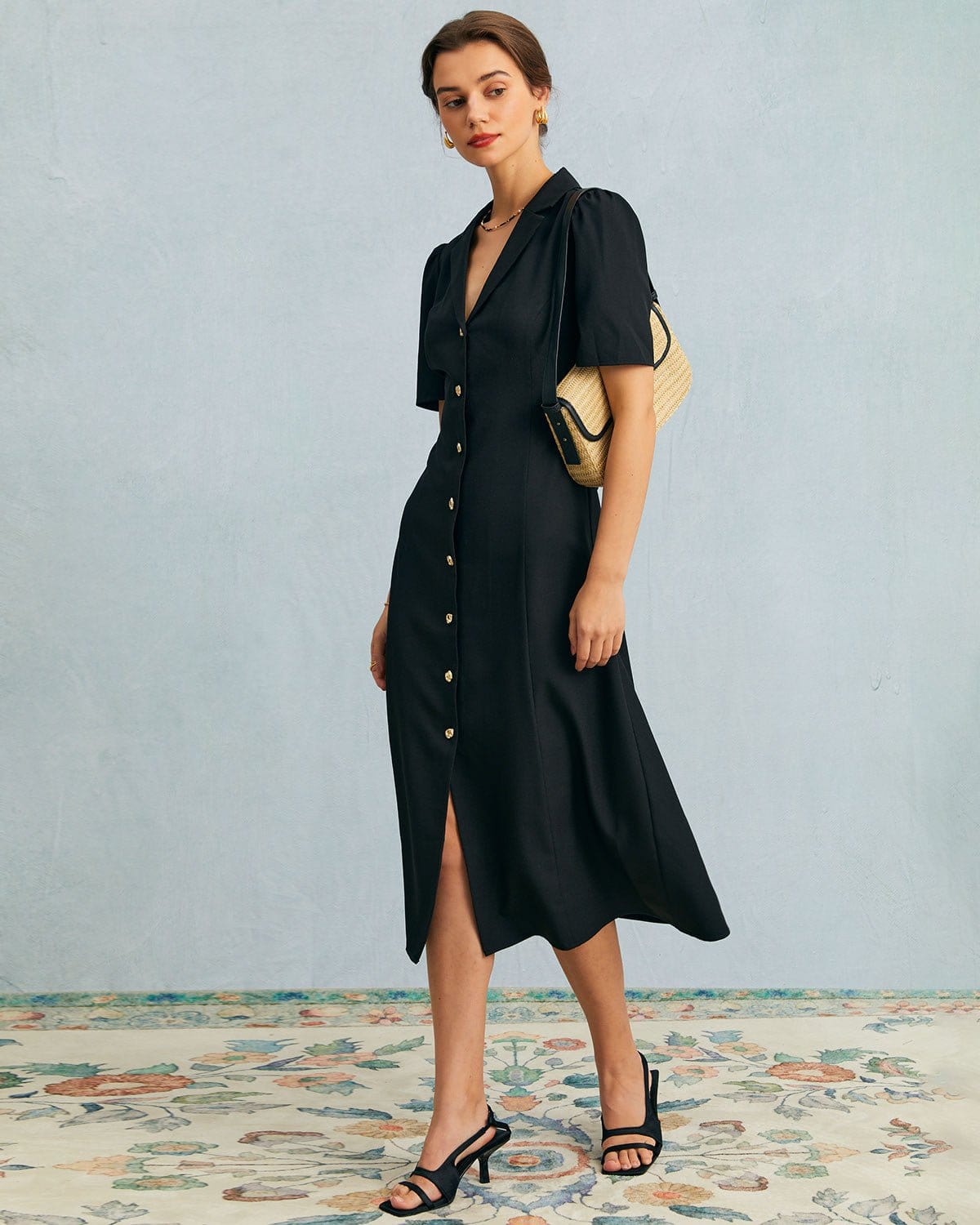 The Black V Neck Button Puff Sleeve Midi Dress Black V Neck