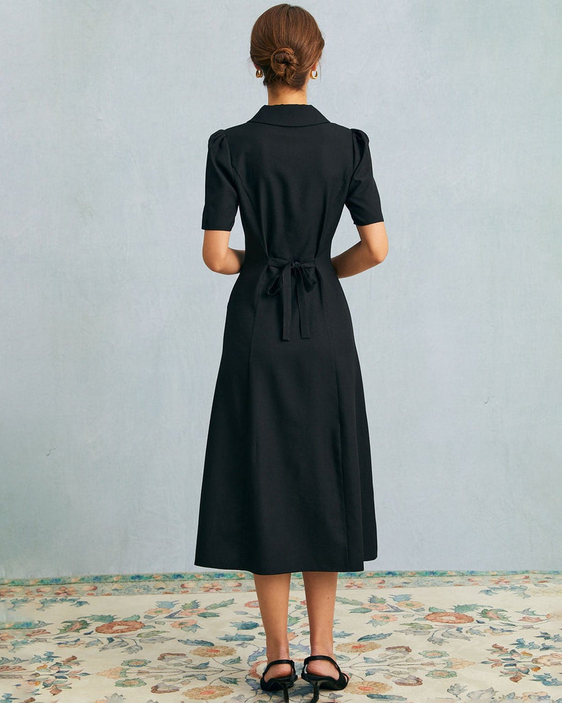The Black V-Neck Button Up Midi Dress Dresses - RIHOAS