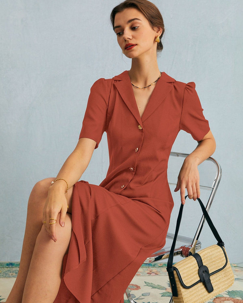 The Black V-Neck Button Up Midi Dress Dresses - RIHOAS