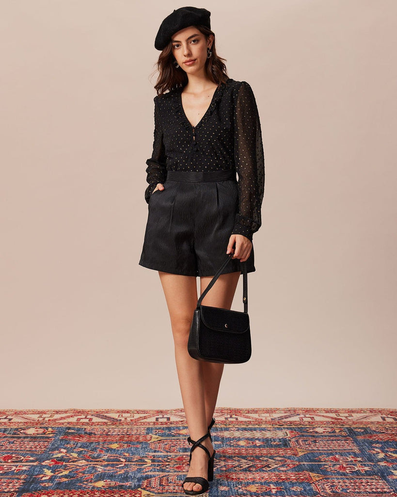 The Black V-Neck Dobby Mesh Blouse Tops - RIHOAS