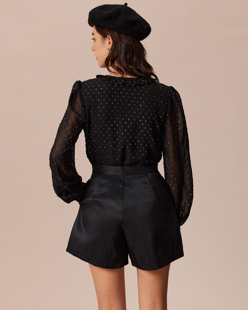 The Black V-Neck Dobby Mesh Blouse Tops - RIHOAS