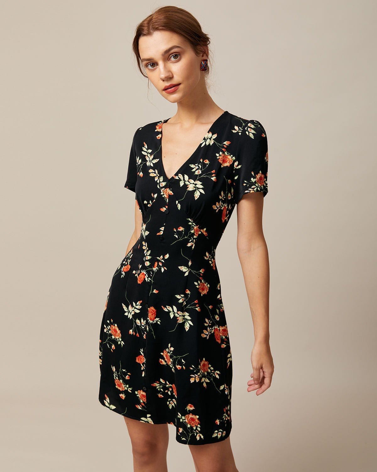 V Neck Floral Button Up Mini Dress