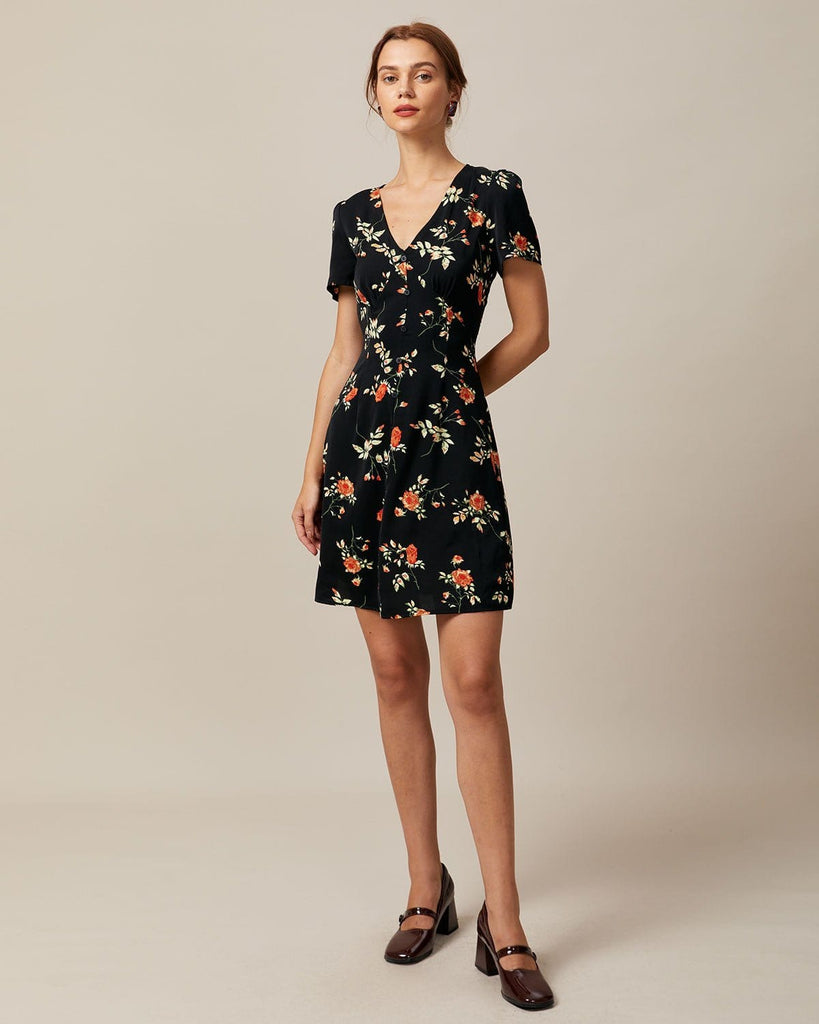 The Black V-Neck Floral Mini Dress Dresses - RIHOAS