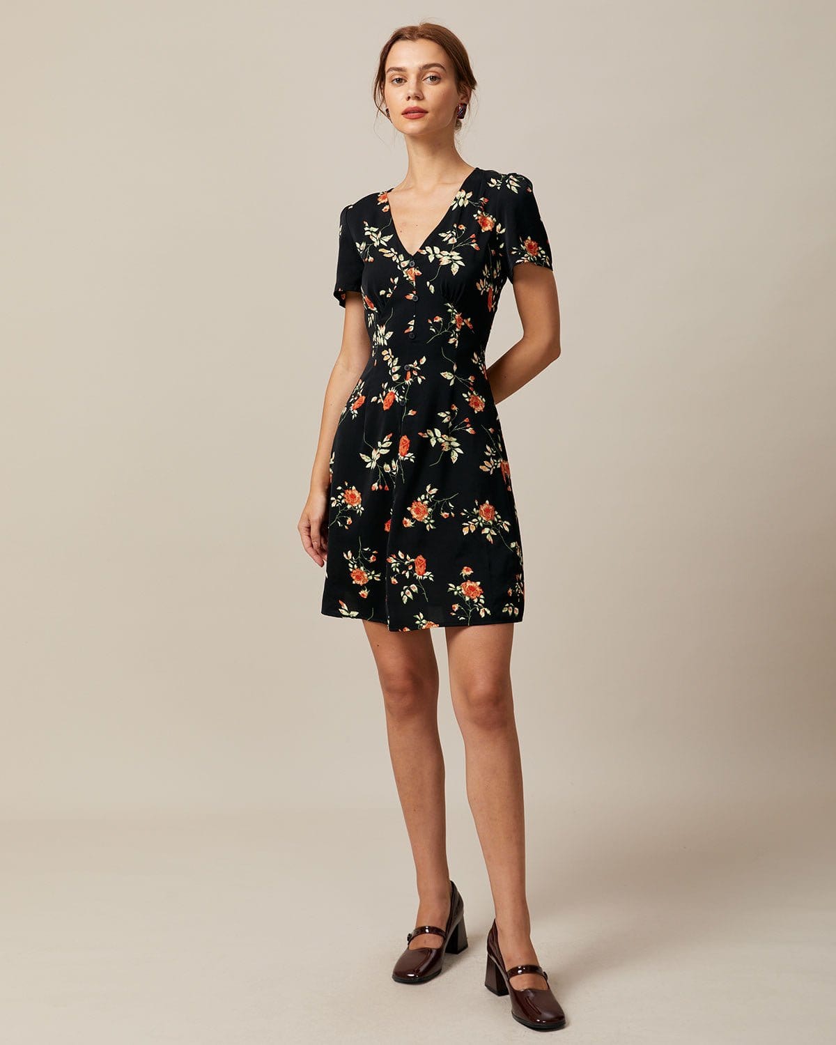 Rihoas V Neck Floral Button Up Mini Dress, Black / M Rihoas V Neck Floral Button Up Mini Dress, Black / M