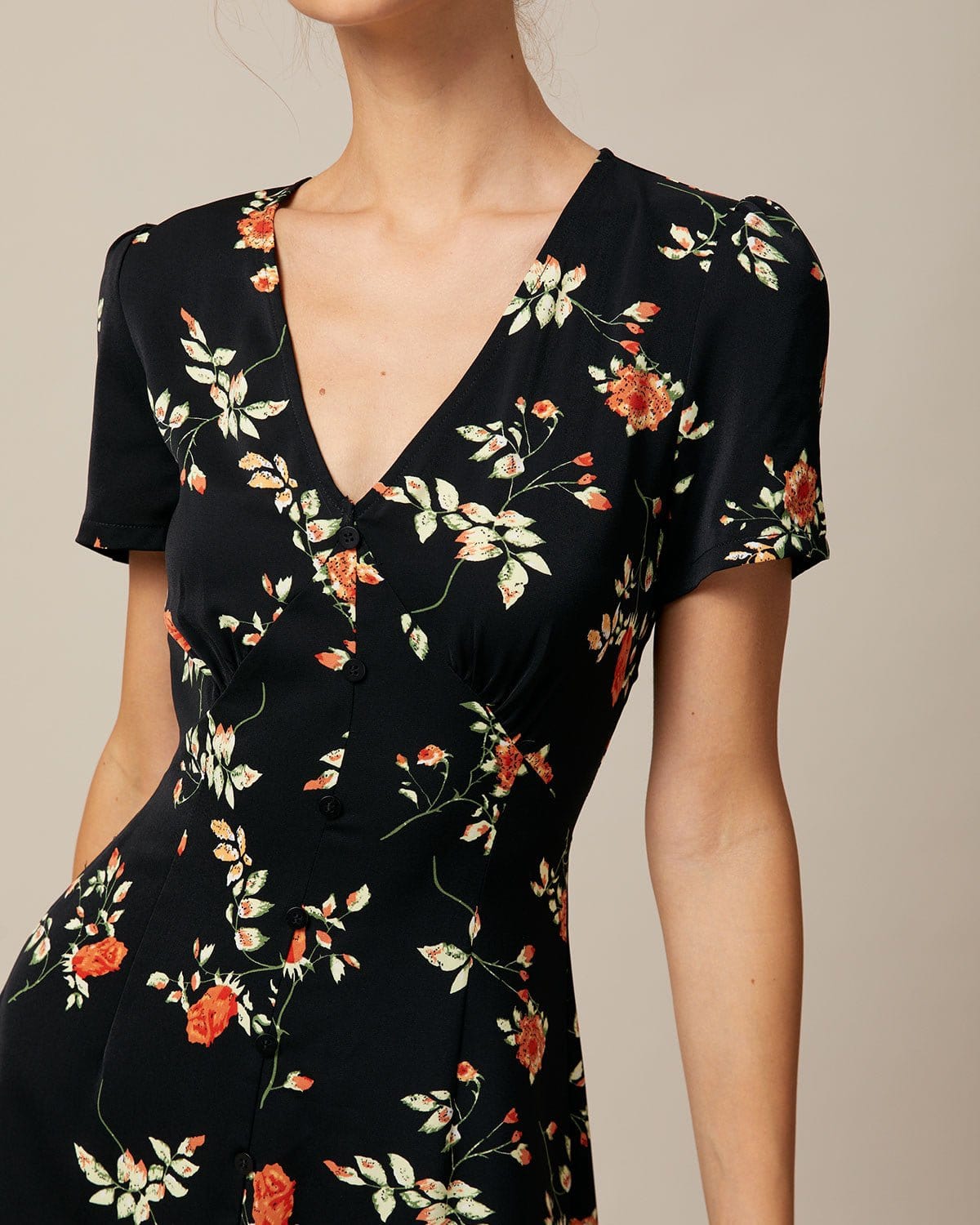 Rihoas V Neck Floral Button Up Mini Dress, Black / M Rihoas V Neck Floral Button Up Mini Dress, Black / M