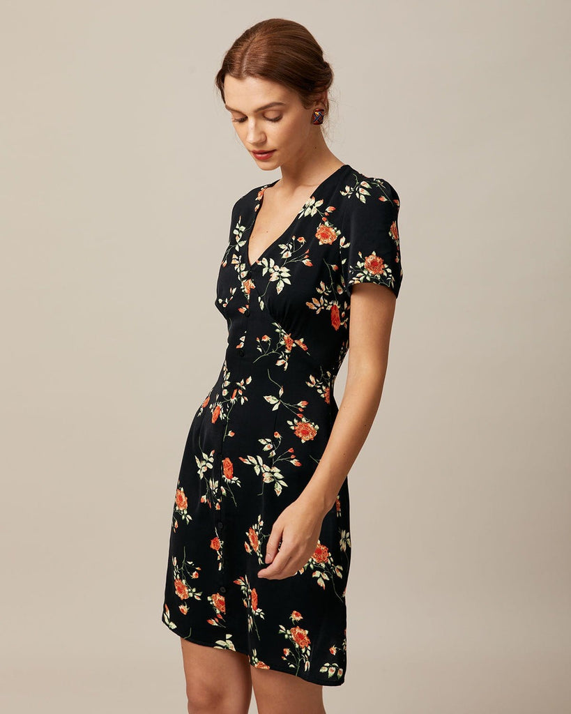 The Black V-Neck Floral Mini Dress Dresses - RIHOAS