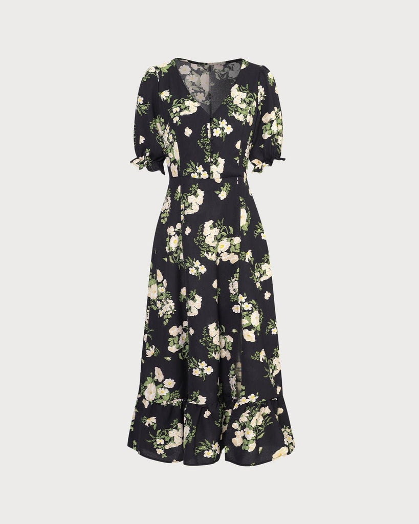 The Black V-Neck Floral Slit Midi Dress Dresses - RIHOAS