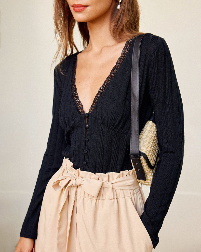 The Black V-Neck Lace Trim Knit Tee Tops - RIHOAS