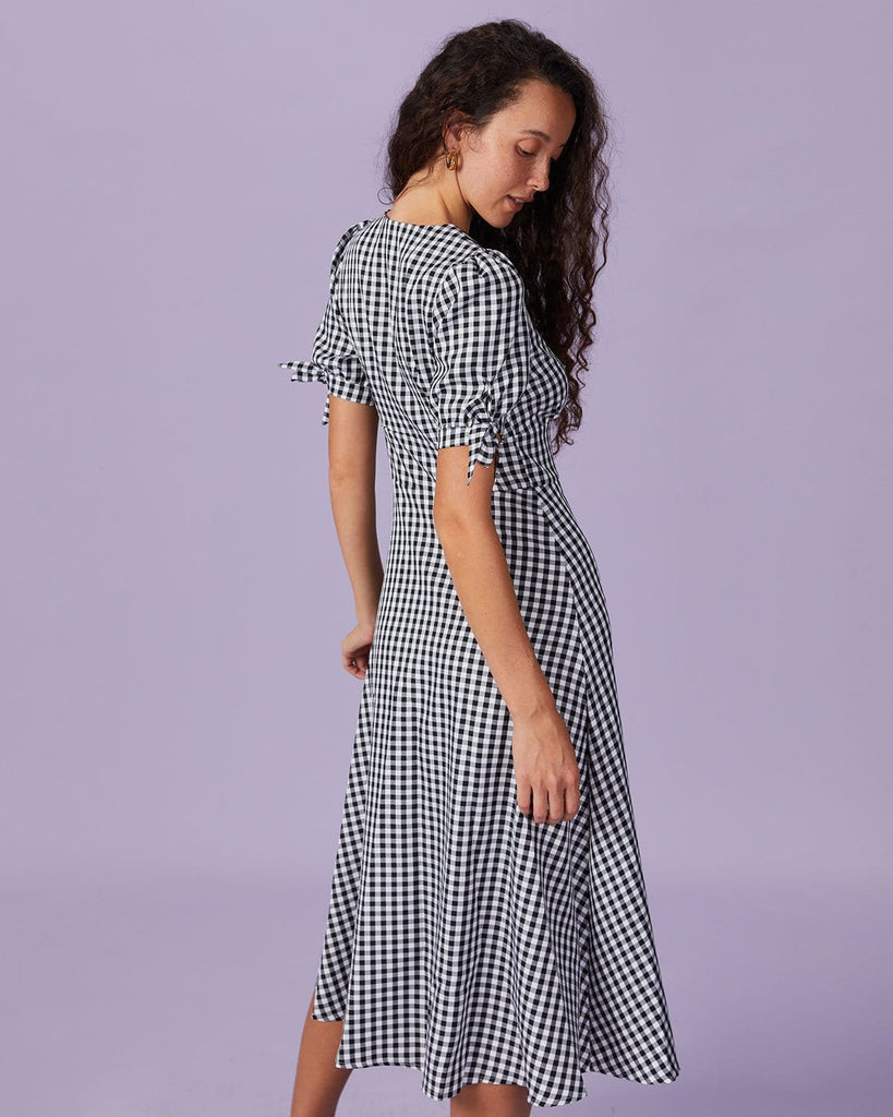 The Black V-Neck Plaid Button Midi Dress Dresses - RIHOAS