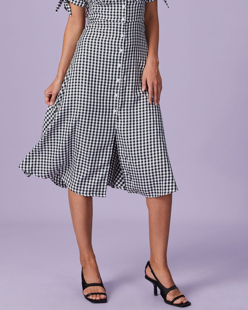 The Black V-Neck Plaid Button Midi Dress Dresses - RIHOAS