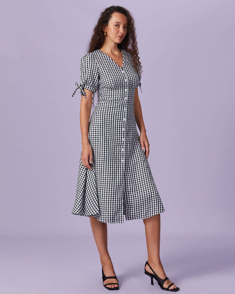 The Black V-Neck Plaid Button Midi Dress Dresses - RIHOAS