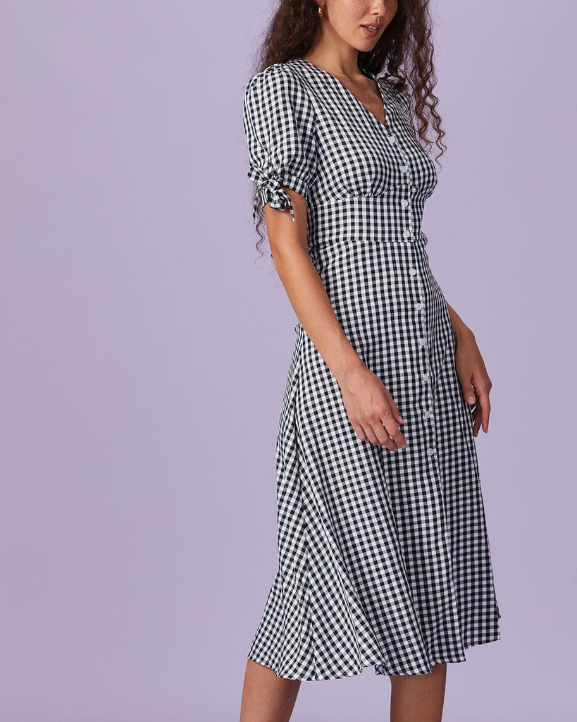 The Black V-Neck Plaid Button Midi Dress Dresses - RIHOAS