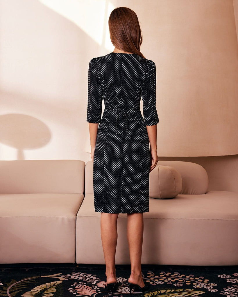 The Black V-Neck Polka Dot Tie Back Midi Dress Dresses - RIHOAS