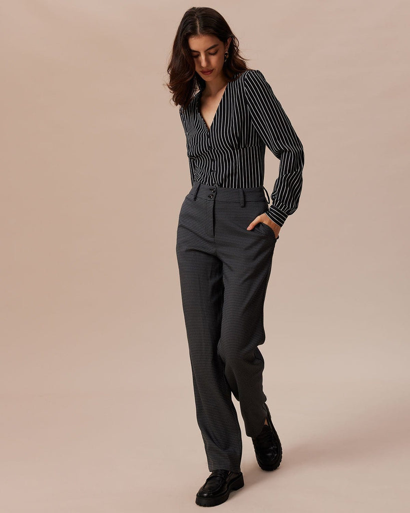 The Black V-Neck Striped Blouse Tops - RIHOAS