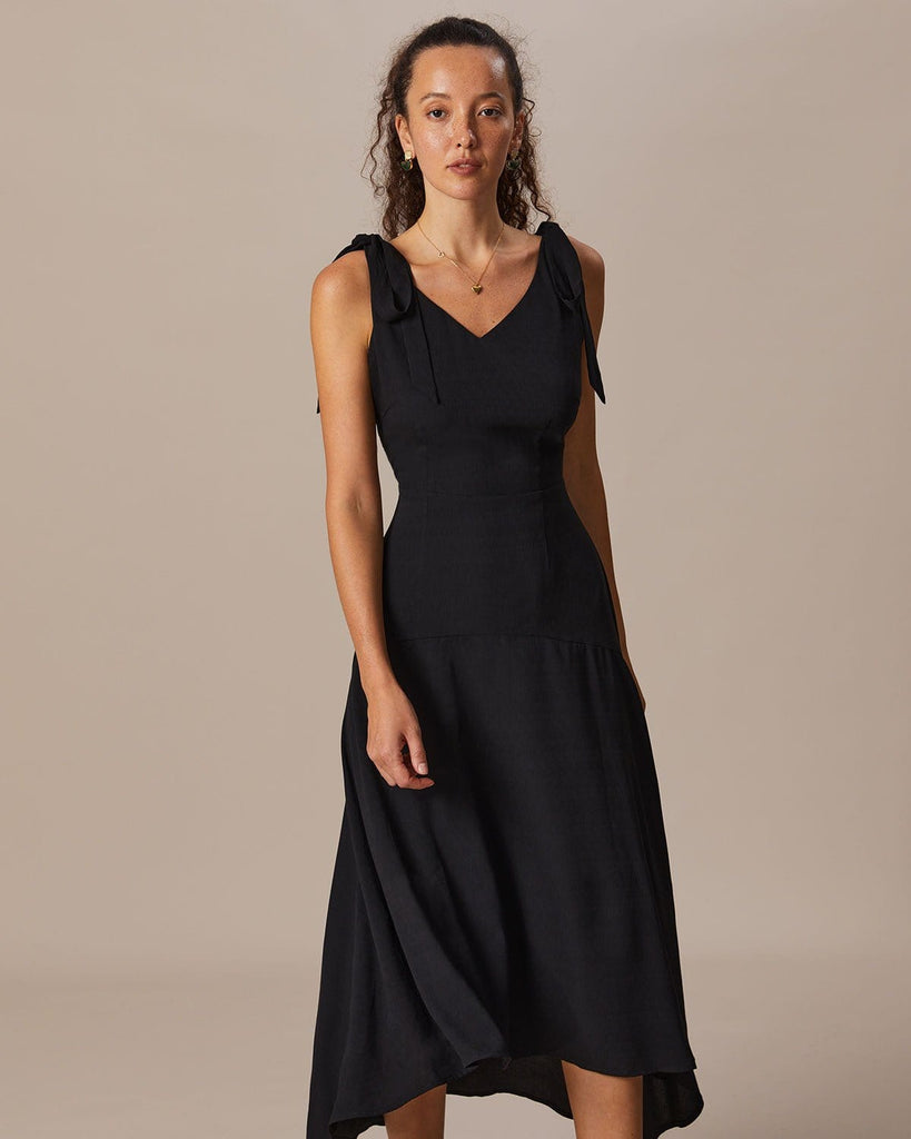 The Black V-Neck Tie Maxi Dress Black Dresses - RIHOAS
