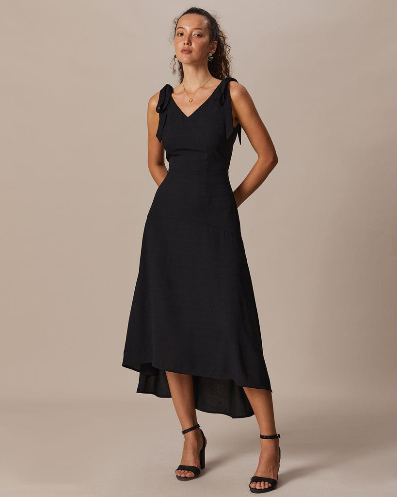 The Black V-Neck Tie Maxi Dress Dresses - RIHOAS