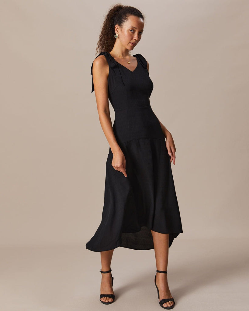 The Black V-Neck Tie Maxi Dress Dresses - RIHOAS