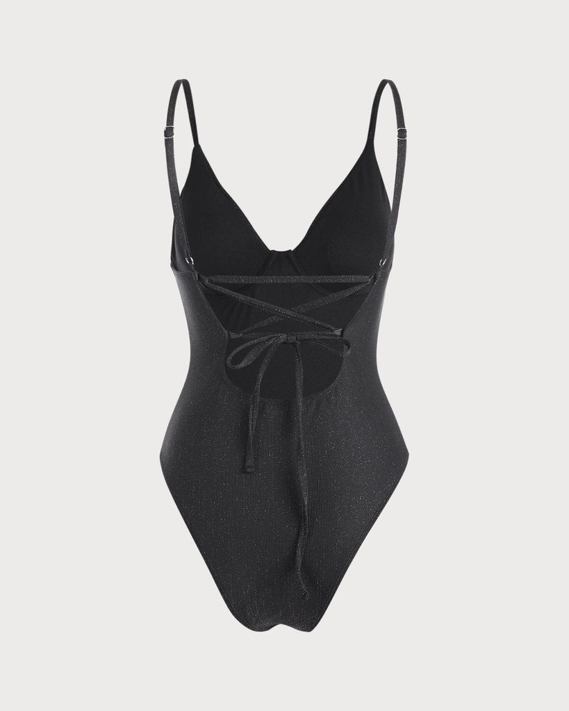 The Black V Neck Criss-Cross One-Piece Swimsuit One-Pieces - RIHOAS