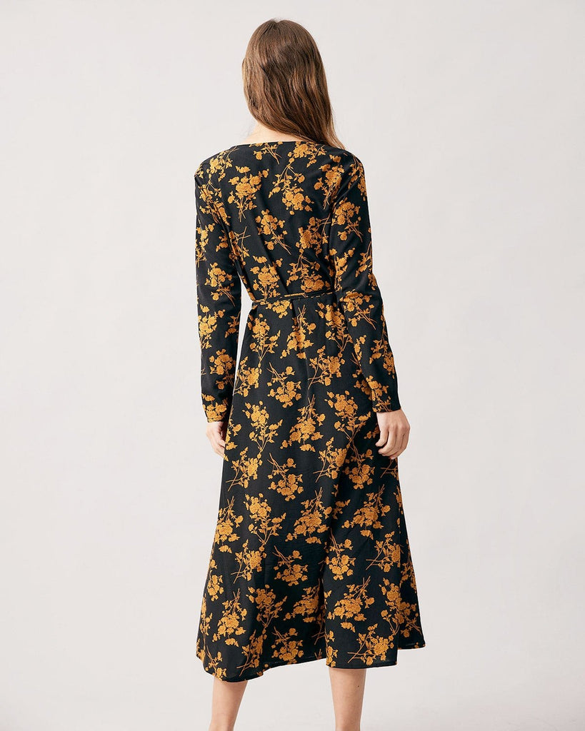 The Black V Neck Floral Midi Dress Dresses - RIHOAS