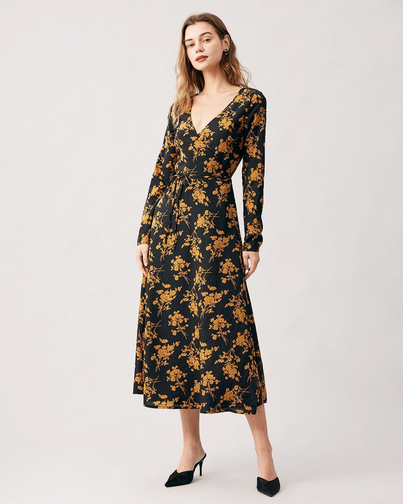 The Black V Neck Floral Midi Dress Dresses - RIHOAS