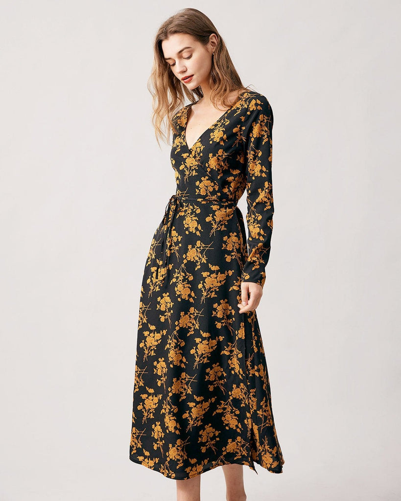 The Black V Neck Floral Midi Dress Dresses - RIHOAS