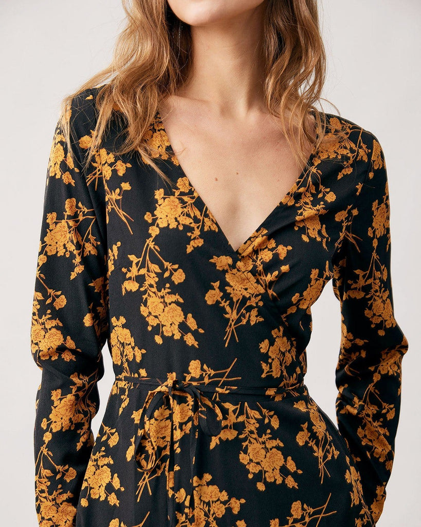 The Black V Neck Floral Midi Dress Dresses - RIHOAS