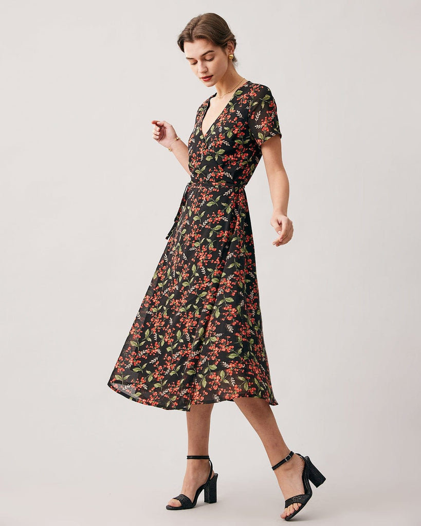 The Black V Neck Fruit Print Midi Dress Dresses - RIHOAS