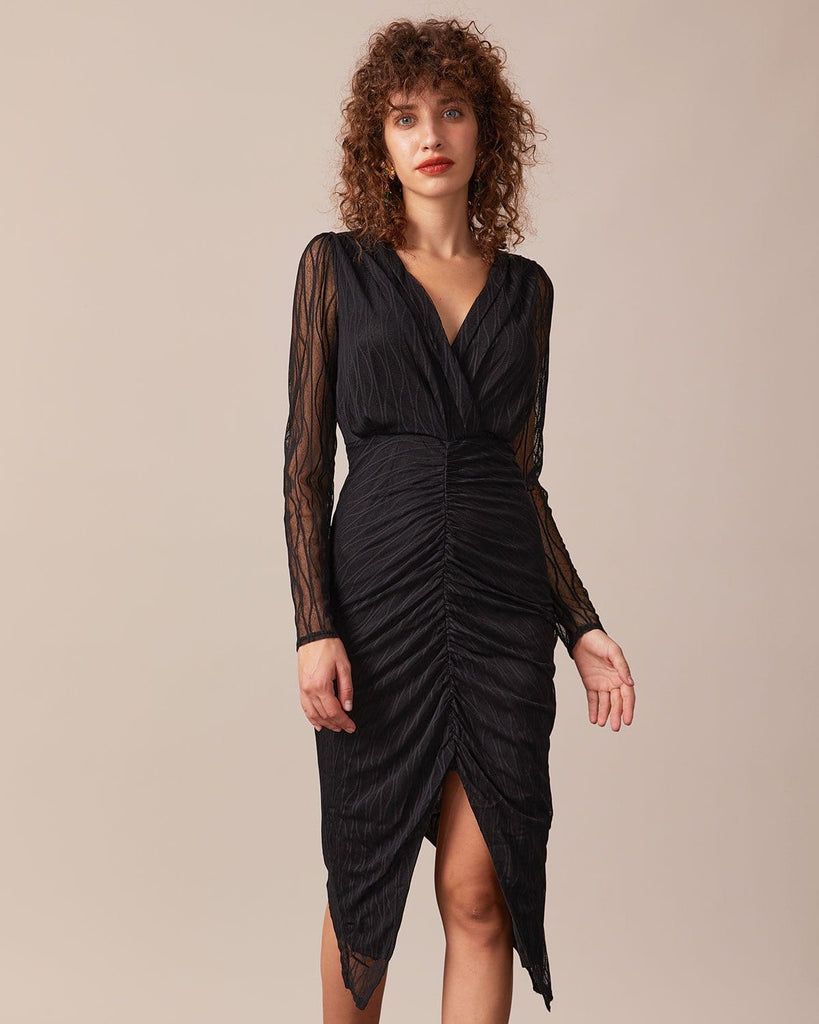 The Black V-neck Lace Midi Dress Dresses - RIHOAS