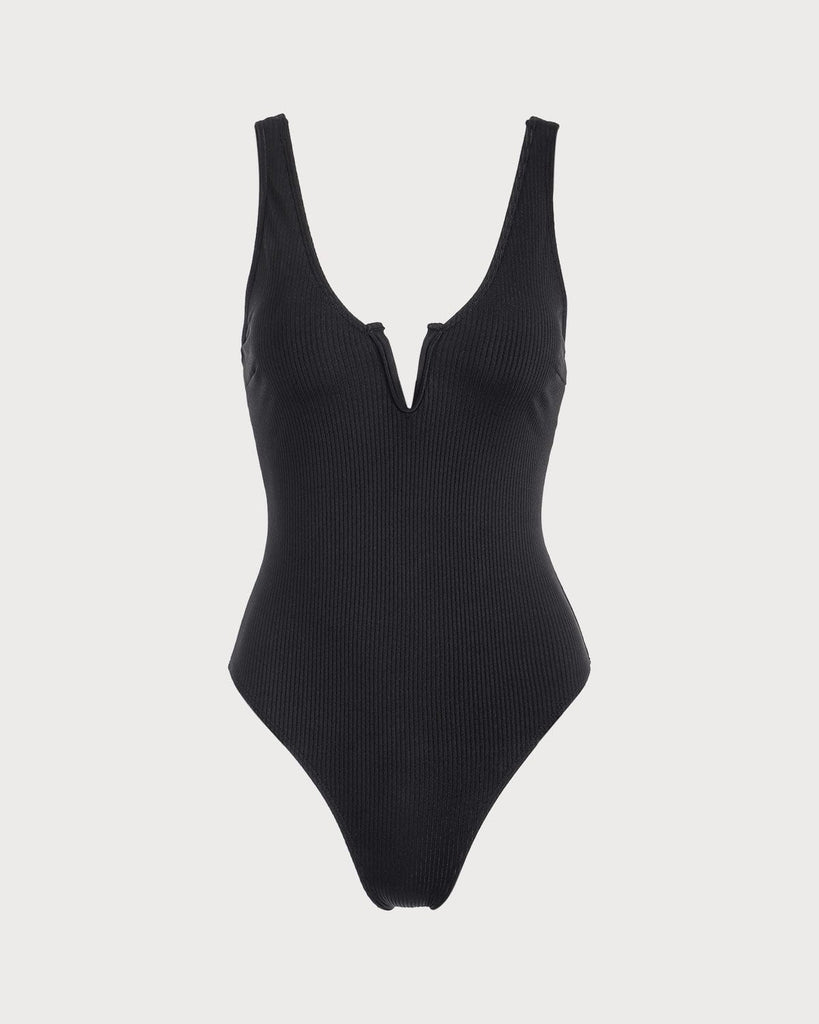 The Black V Neck Notched One-Piece Swimsuit Black One-Pieces - RIHOAS