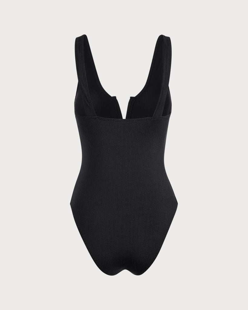 The Black V Neck Notched One-Piece Swimsuit One-Pieces - RIHOAS