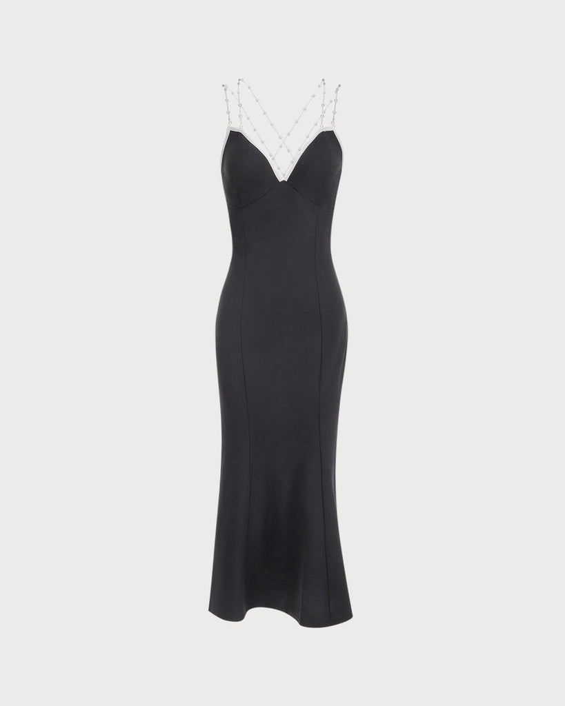 The Black V-neck Pearl Beaded Midi Dress Black Dresses - RIHOAS