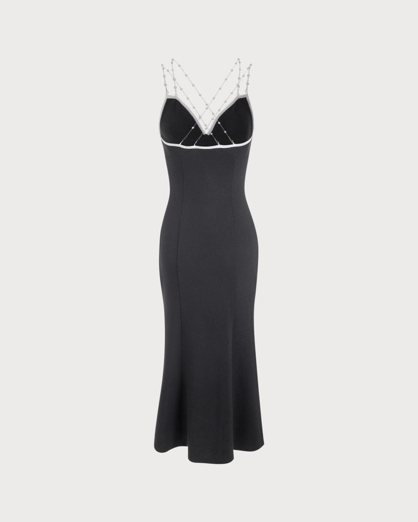 The Black V-neck Pearl Beaded Midi Dress Dresses - RIHOAS