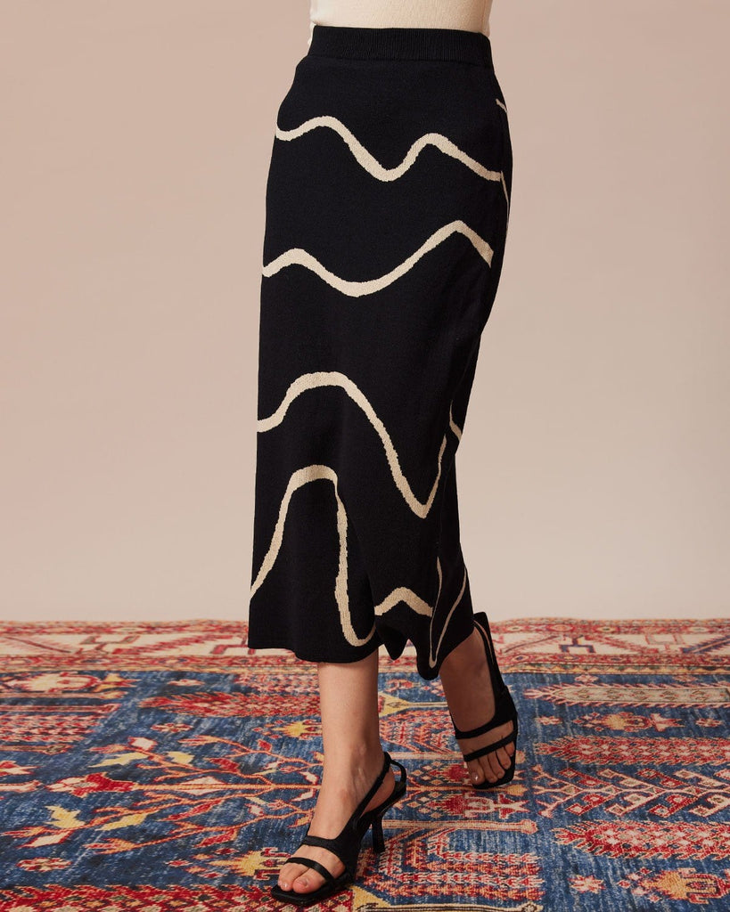 The Black Wave Knit Midi Skirt Black Bottoms - RIHOAS