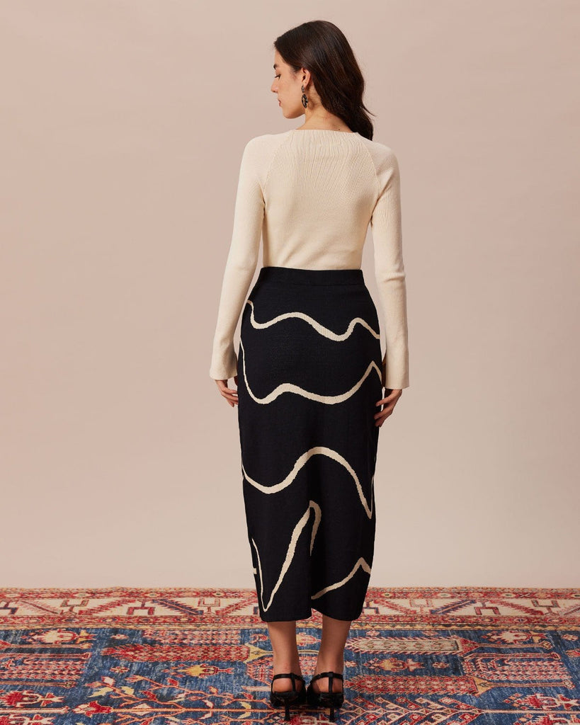 The Black Wave Knit Midi Skirt Bottoms - RIHOAS
