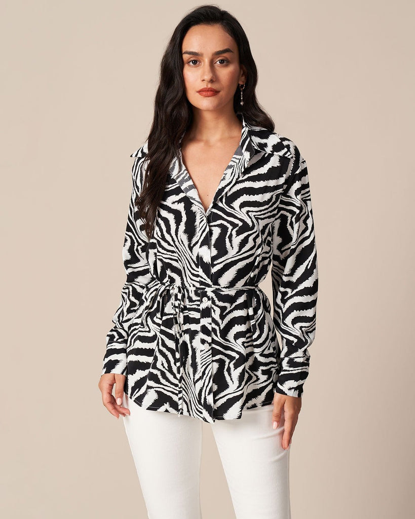 The Black Zebra Tie Waist Shirt Black Tops - RIHOAS