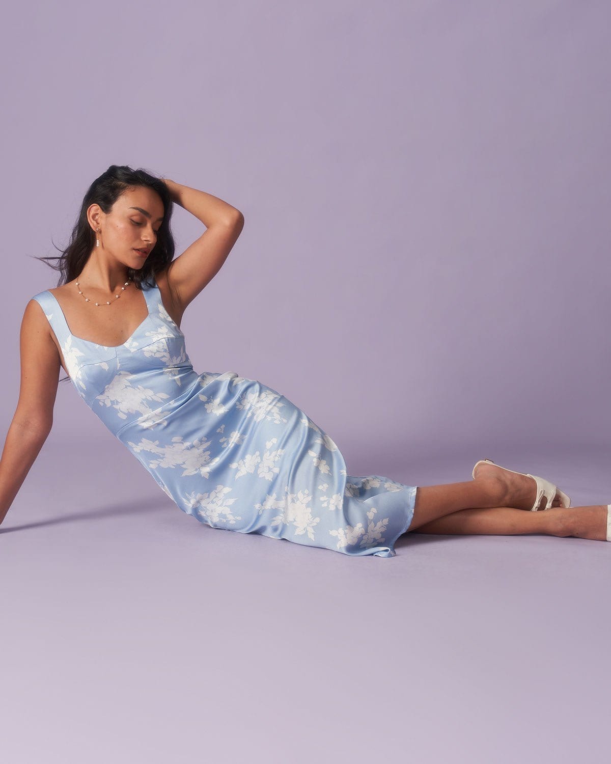 The Blue Floral Print Backless Slit Midi Dress & Reviews - Blue - Dresses