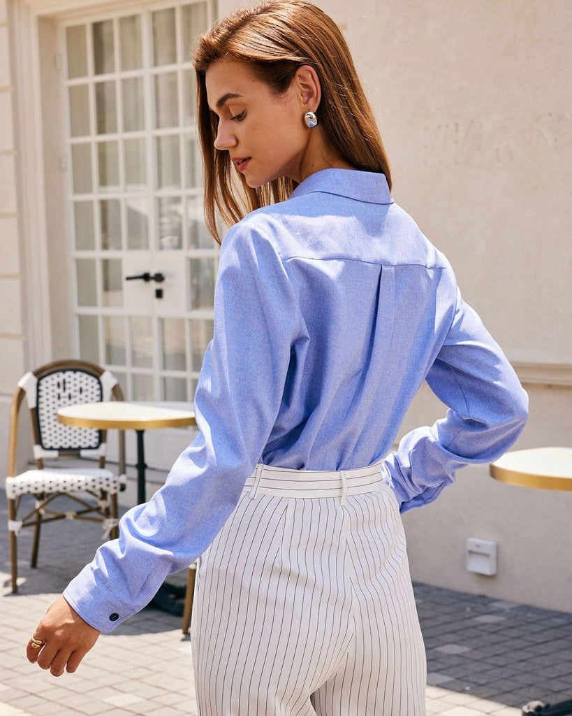 The Blue Lapel Button-up Shirt Tops - RIHOAS