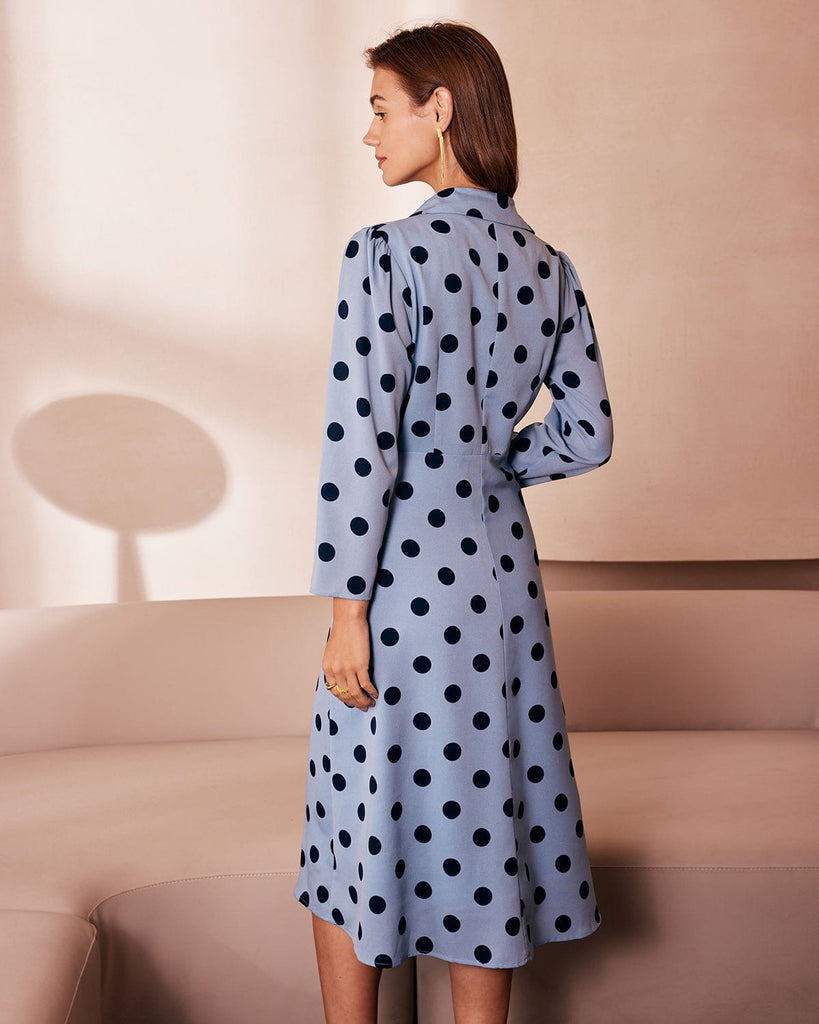The Blue Lapel Polka Dot Midi Dress Dresses - RIHOAS