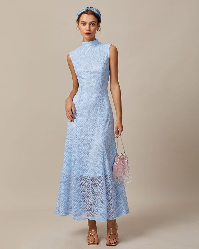 The Blue Mock Neck Sleeveless Lace Maxi Dress Blue Dresses - RIHOAS