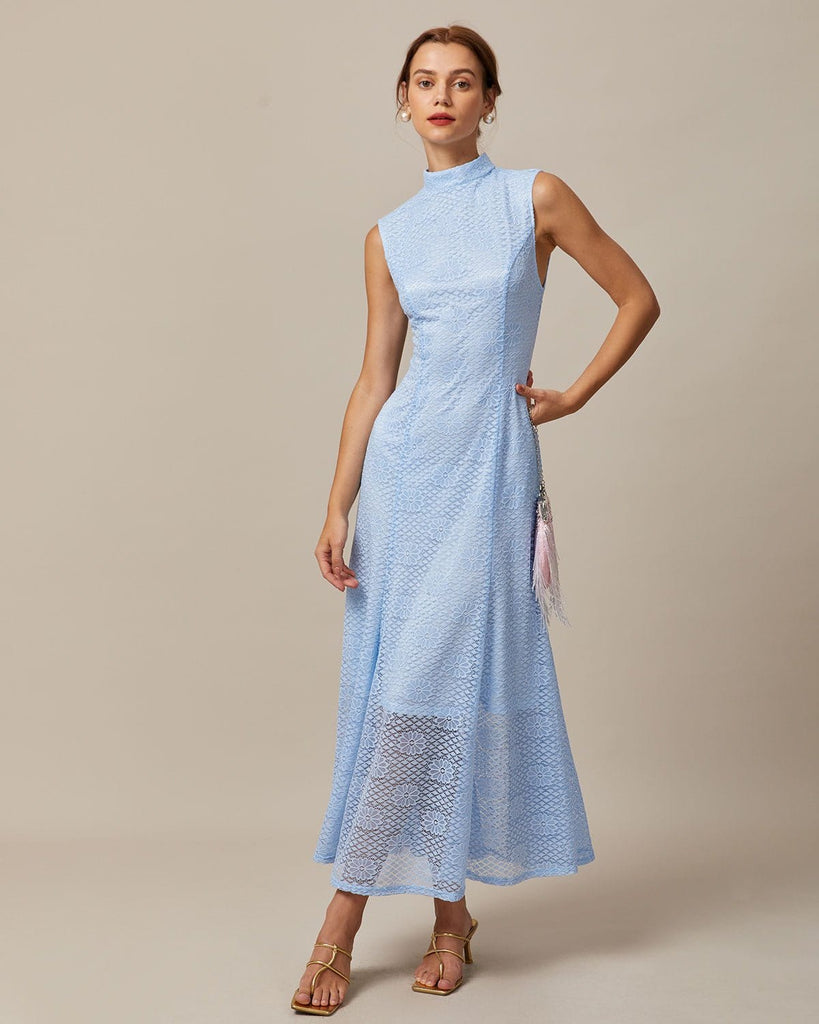 The Blue Mock Neck Sleeveless Lace Maxi Dress Dresses - RIHOAS