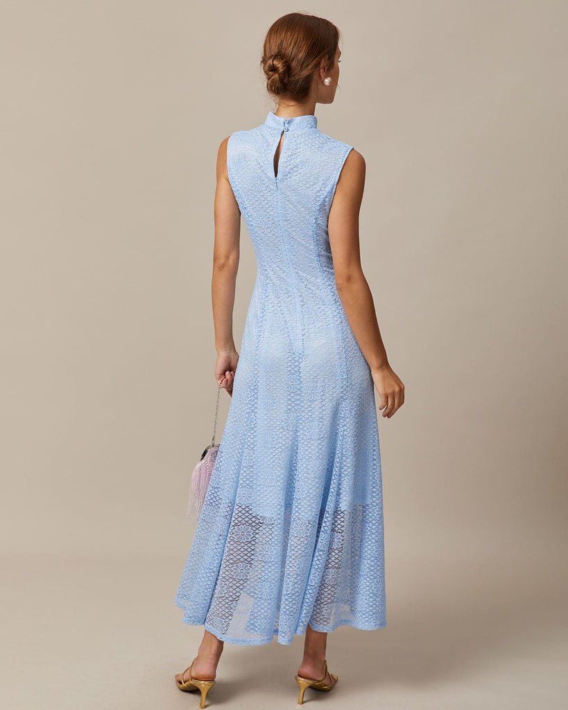 The Blue Mock Neck Sleeveless Lace Maxi Dress Dresses - RIHOAS