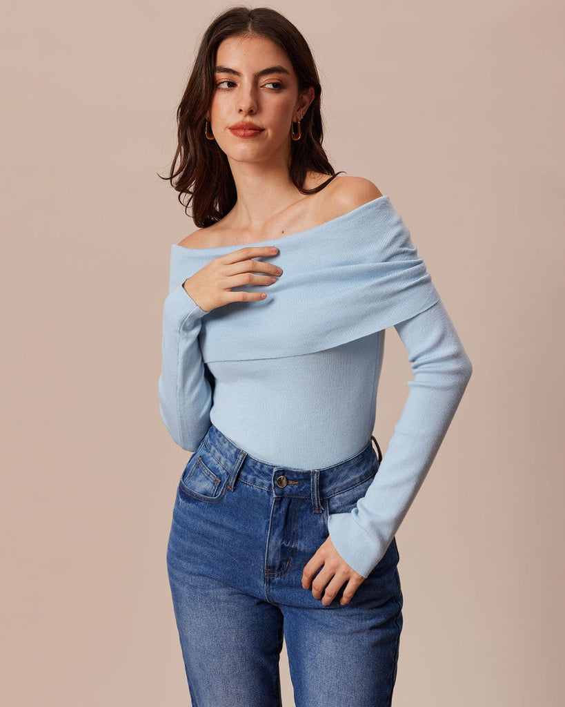 The Blue Off Shoulder Knit Top Tops - RIHOAS