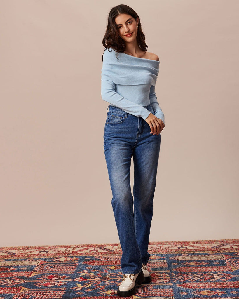 The Blue Off Shoulder Knit Top Tops - RIHOAS