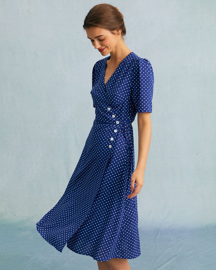 The Blue Polka Dot Wrap Midi Dress Dresses - RIHOAS