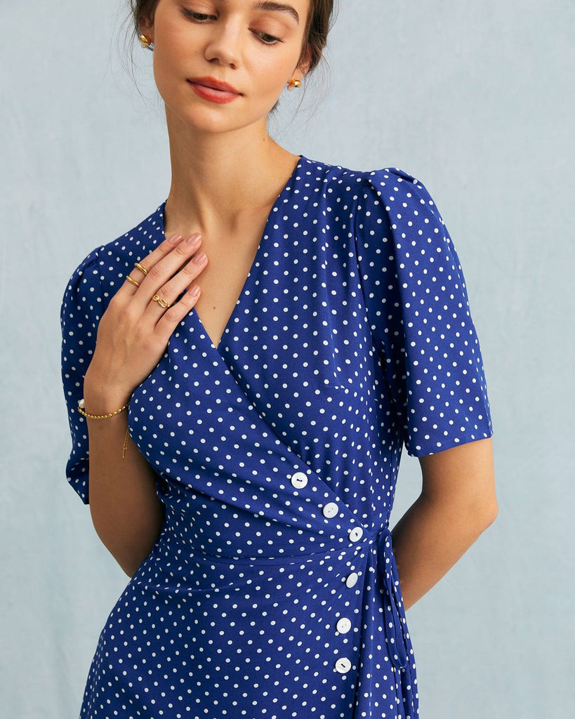 The Blue Polka Dot Wrap Midi Dress Dresses - RIHOAS