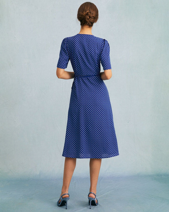 The Blue V Neck Polka Dot Wrap Midi Dress Blue Polka Dot Sleeves